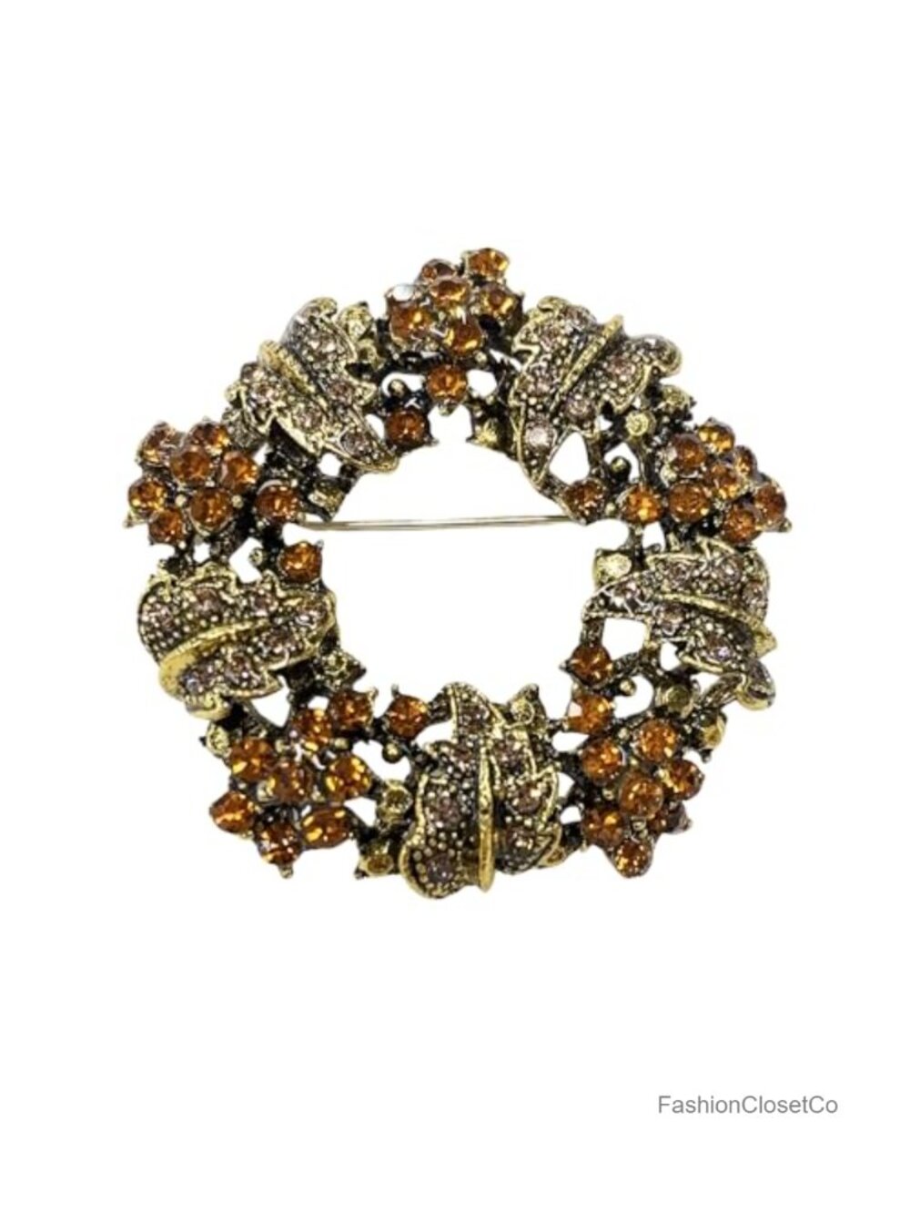 Gold-Tone Rhinestone Leaf Wreath Brooch Pin